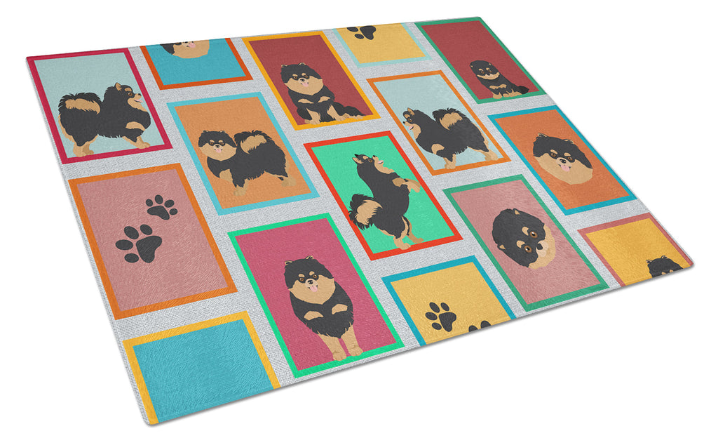 Lots of Black and Tan Pomeranian Cutting Board Tempered Glass Kitchen Cutting Surface, Heat Resistant Chopping, Non-Slip Feet, Food Prep & Serving