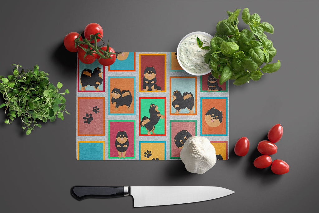 Lots of Black and Tan Pomeranian Cutting Board Tempered Glass Kitchen Cutting Surface, Heat Resistant Chopping, Non-Slip Feet, Food Prep & Serving