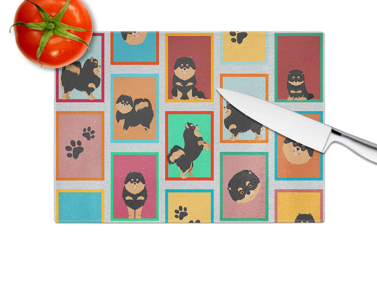 Lots of Black and Tan Pomeranian Cutting Board Tempered Glass Kitchen Cutting Surface, Heat Resistant Chopping, Non-Slip Feet, Food Prep & Serving