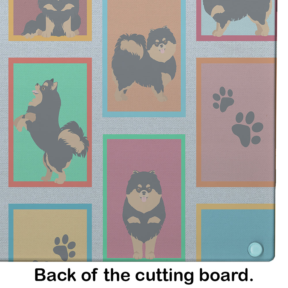 Lots of Black and Tan Pomeranian Cutting Board Tempered Glass Kitchen Cutting Surface, Heat Resistant Chopping, Non-Slip Feet, Food Prep & Serving