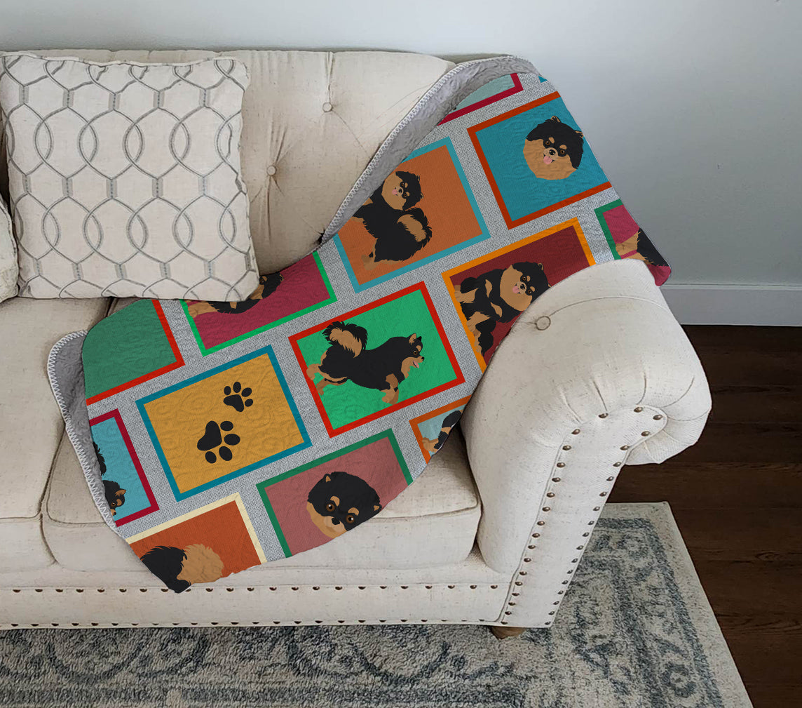 Lots of Black and Tan Pomeranian Quilted Blanket 50x60 Artwork Pattern Quilted Throw Blanket for Bed, Couch, Sofa, Soft and Lightweight