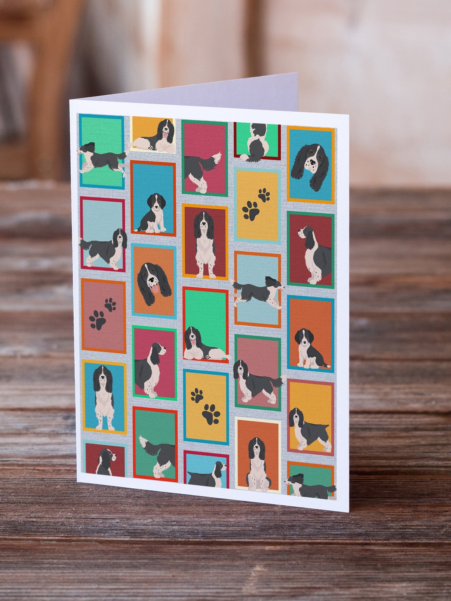 Lots of Black and White English Springer Spaniel Greeting Cards Pack of 8 Blank Cards with Envelopes Whimsical A7 Size 5x7