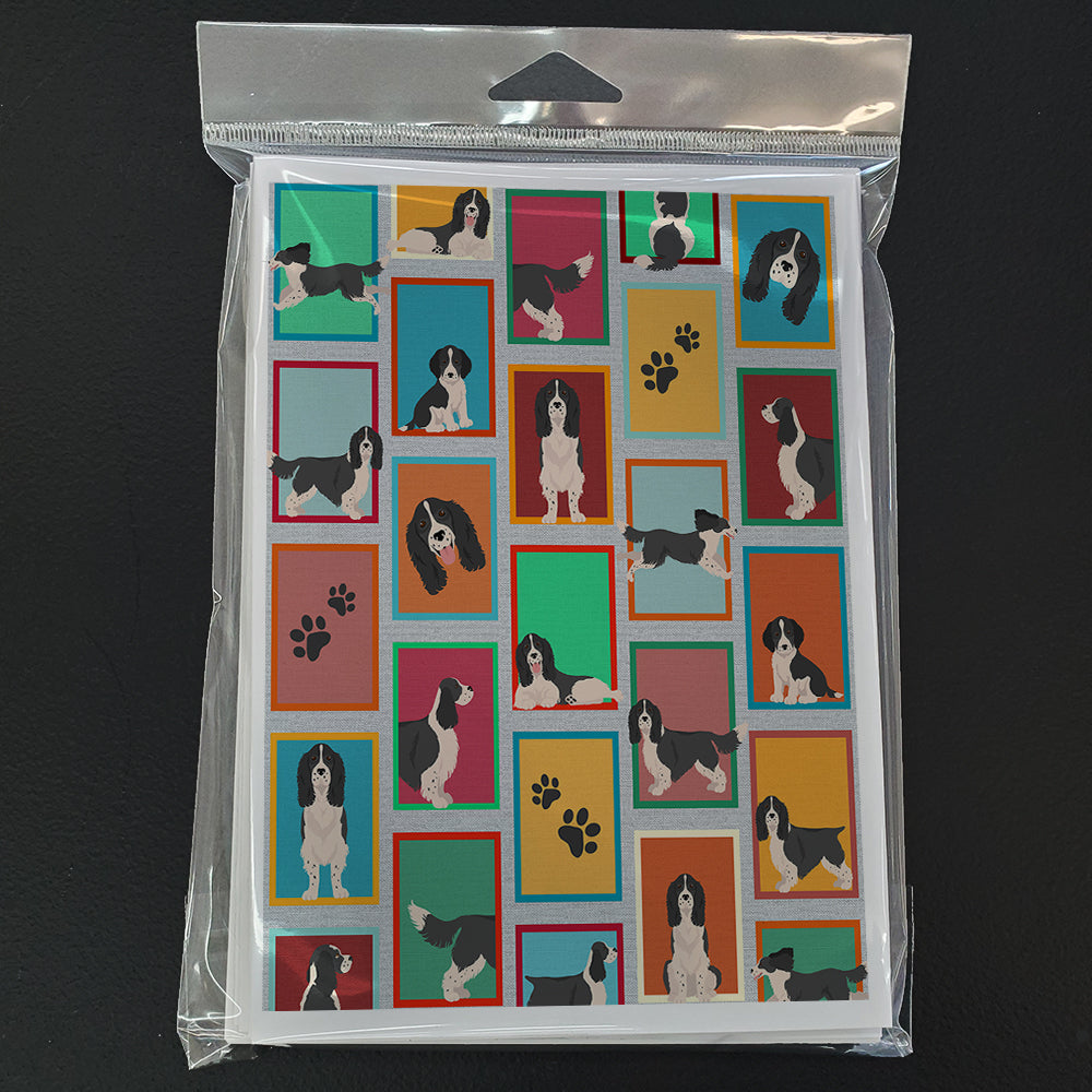 Lots of Black and White English Springer Spaniel Greeting Cards Pack of 8 Blank Cards with Envelopes Whimsical A7 Size 5x7