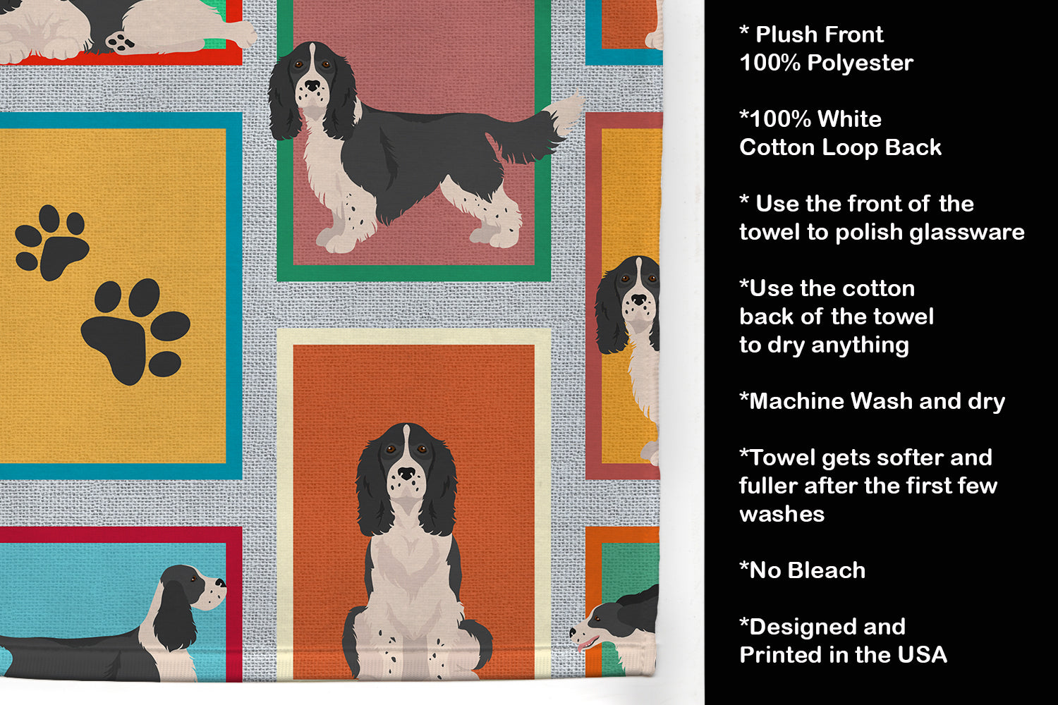 Lots of Black and White English Springer Spaniel Kitchen Towel Velour Plush Front and Cotton Loop Back Machine Washable