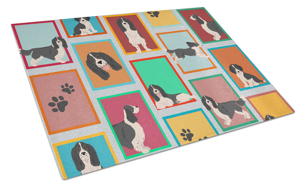 Lots of Black and White English Springer Spaniel Cutting Board Tempered Glass Kitchen Cutting Surface, Heat Resistant Chopping, Non-Slip Feet, Food Prep & Serving