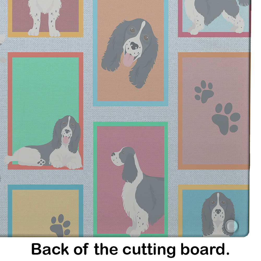 Lots of Black and White English Springer Spaniel Cutting Board Tempered Glass Kitchen Cutting Surface, Heat Resistant Chopping, Non-Slip Feet, Food Prep & Serving