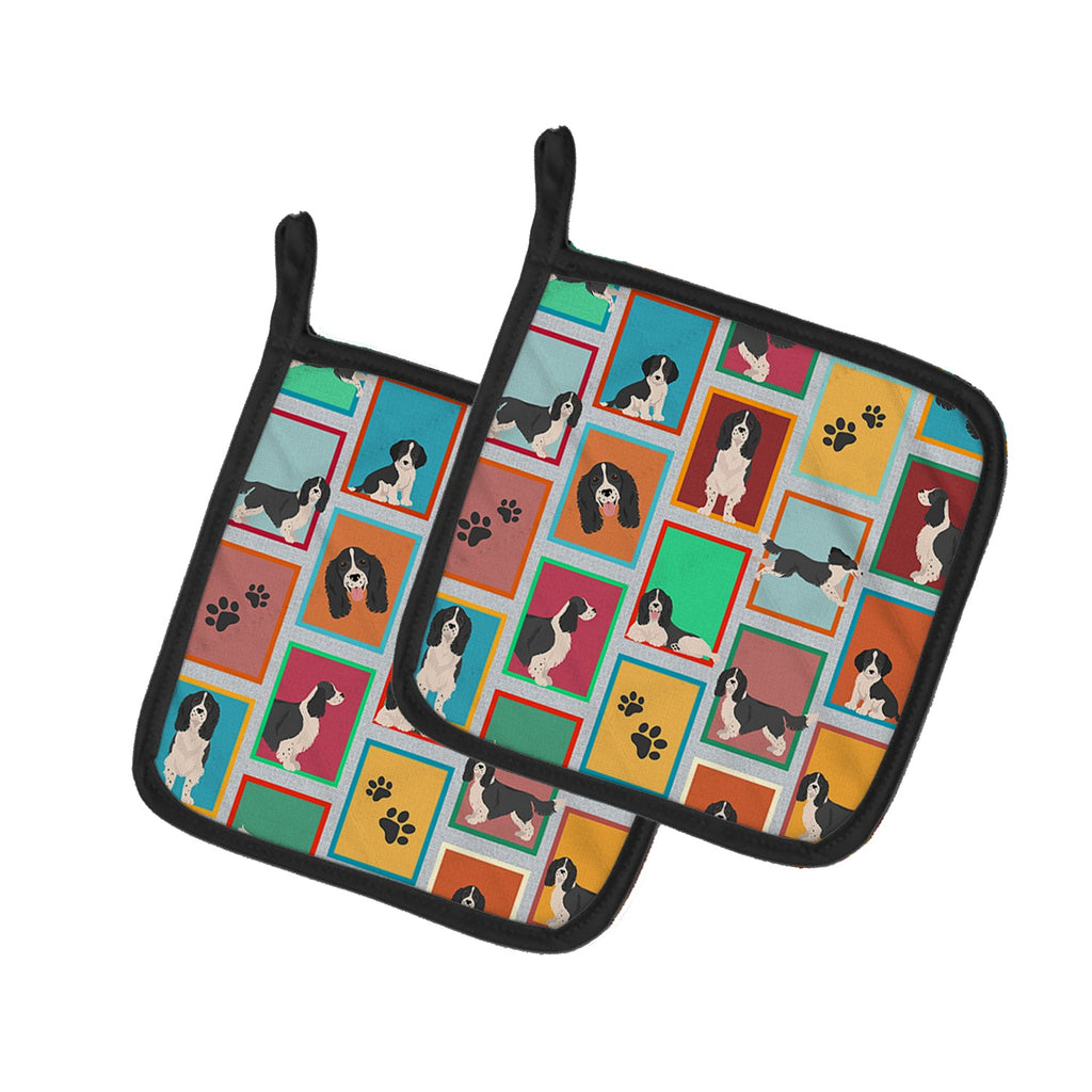 Lots of Black and White English Springer Spaniel Pot Holder Set of 2 Heat Resistant Quilted Hot Pads 7.5 x 7.5 Inch, Insulated Kitchen Trivets for Cooking & Baking