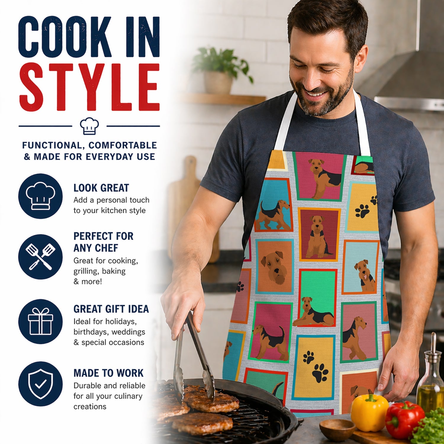Lots of Airedale Terrier Apron Cooking Kitchen Server Baking Crafts Gardening for Adult Women Men, Unisex, Large, Multicolor