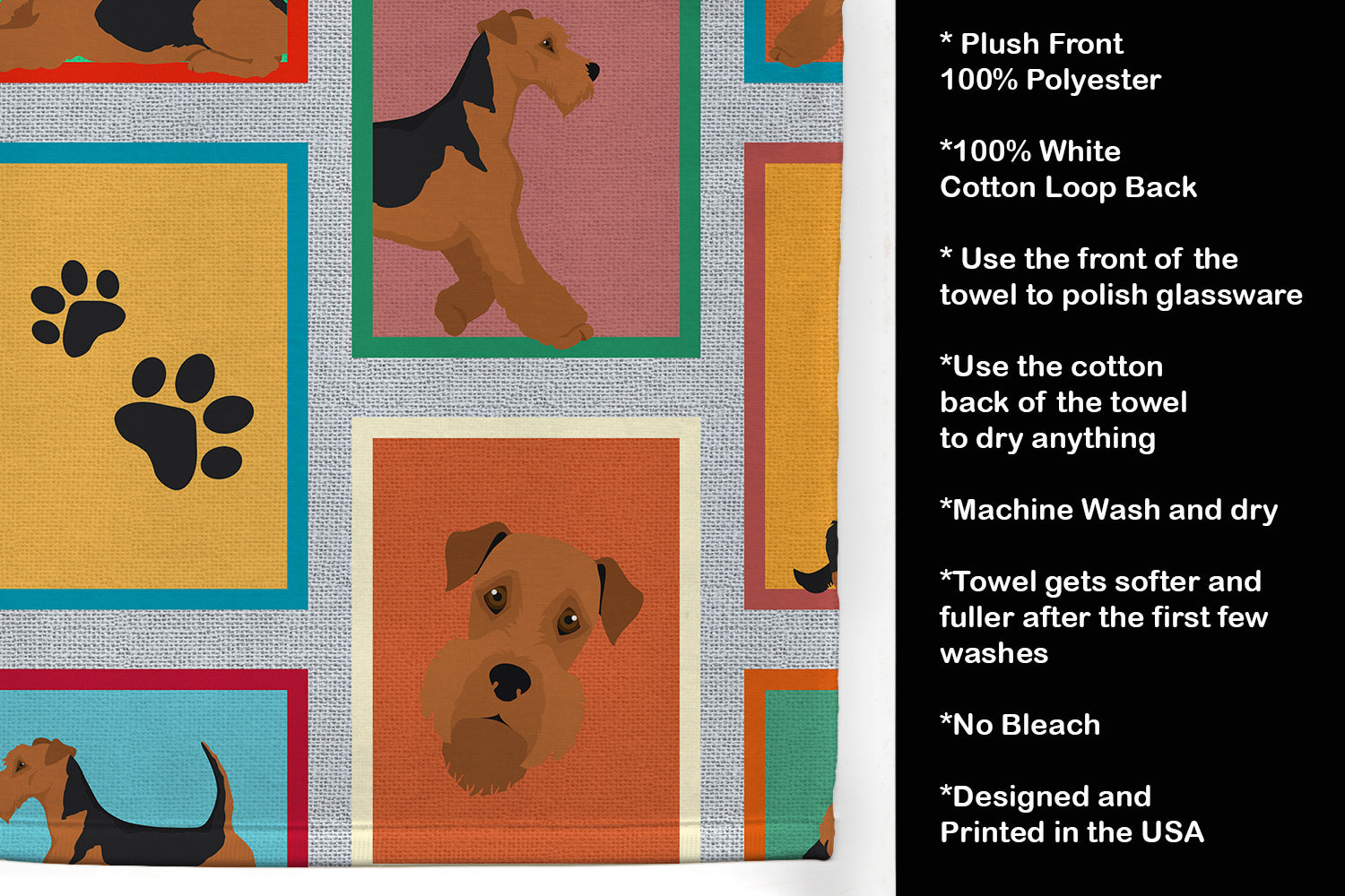 Lots of Airedale Terrier Kitchen Towel Velour Plush Front and Cotton Loop Back Machine Washable