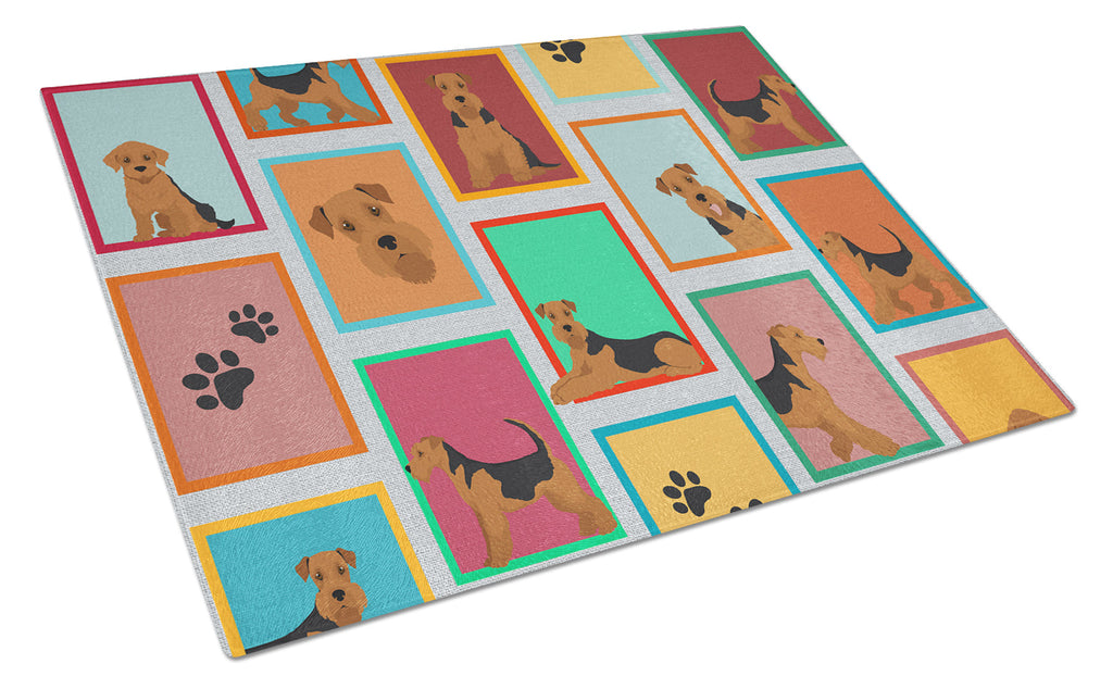 Lots of Airedale Terrier Cutting Board Tempered Glass Kitchen Cutting Surface, Heat Resistant Chopping, Non-Slip Feet, Food Prep & Serving