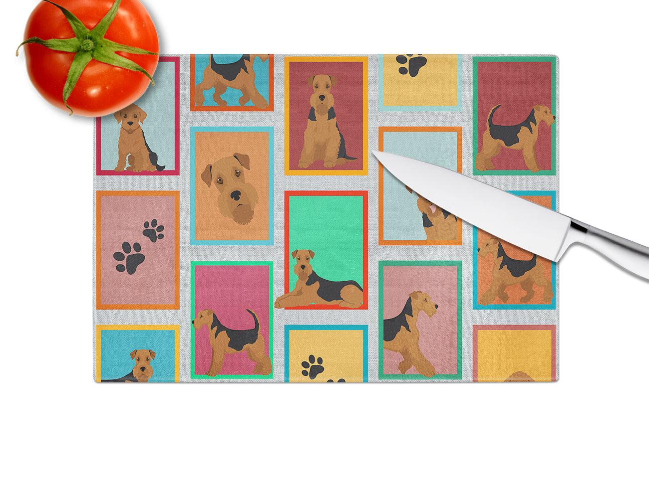 Lots of Airedale Terrier Cutting Board Tempered Glass Kitchen Cutting Surface, Heat Resistant Chopping, Non-Slip Feet, Food Prep & Serving