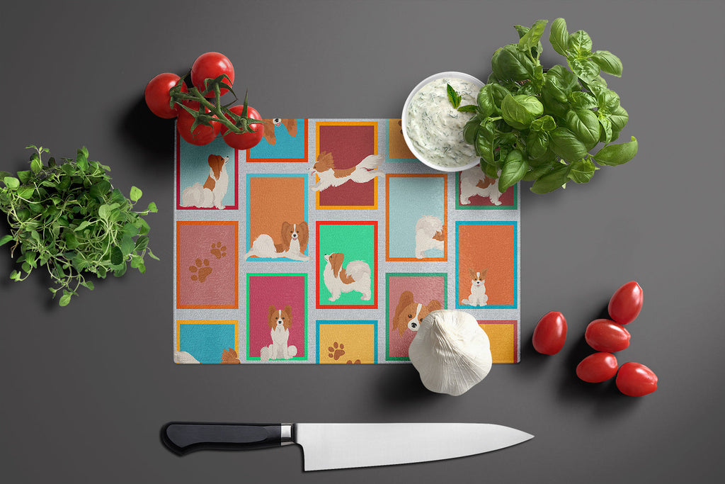Lots of Red and White Papillon Cutting Board Tempered Glass Kitchen Cutting Surface, Heat Resistant Chopping, Non-Slip Feet, Food Prep & Serving