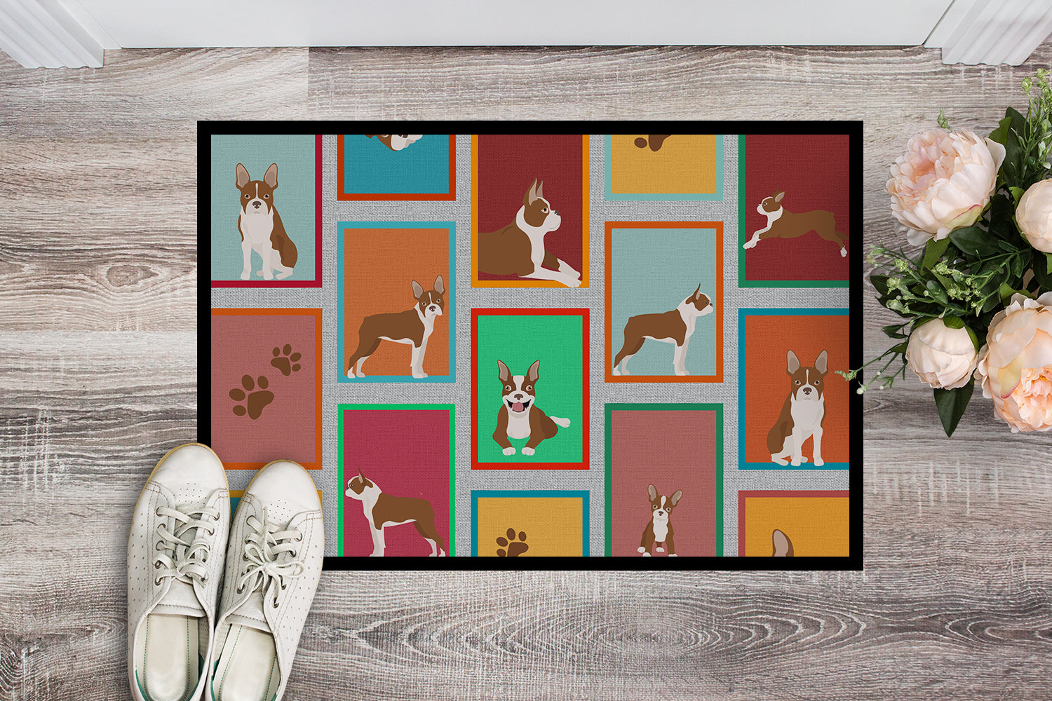 Lots of Red Boston Terrier Doormat Indoor Outdoor 24H X 36W Front Door Mat Rugs for Entryway, Non Slip Washable Low Pile,