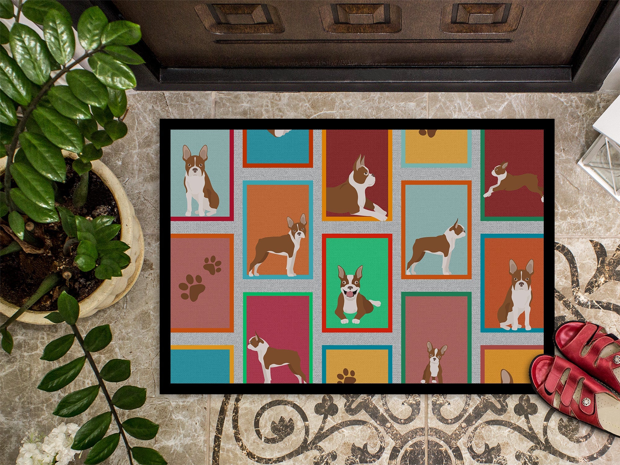 Lots of Red Boston Terrier Doormat Indoor Outdoor 24H X 36W Front Door Mat Rugs for Entryway, Non Slip Washable Low Pile,