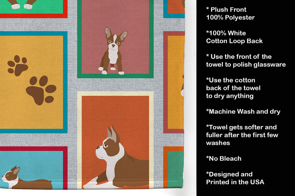 Lots of Red Boston Terrier Kitchen Towel Velour Plush Front and Cotton Loop Back Machine Washable