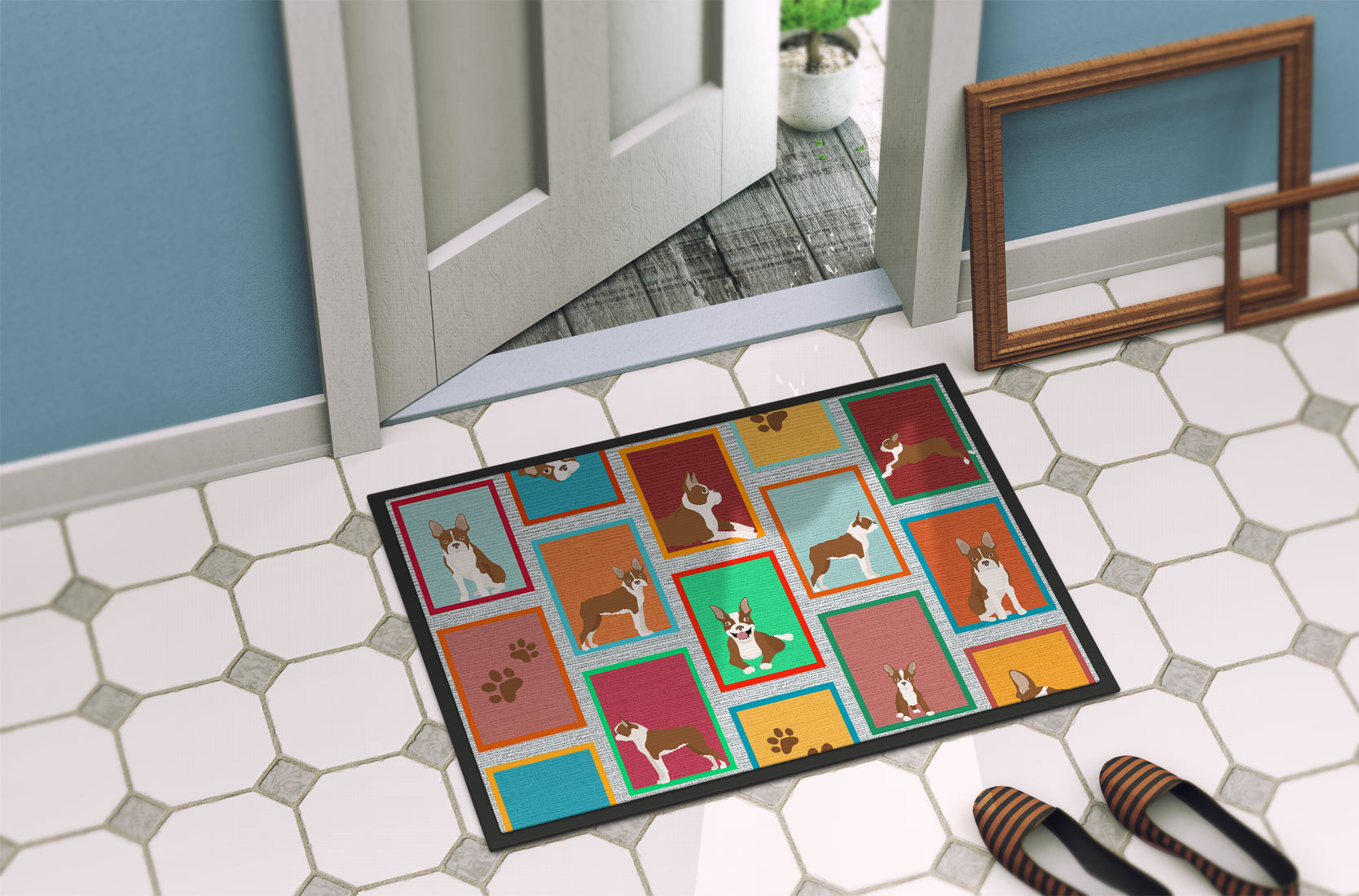 Lots of Red Boston Terrier Doormat Indoor Outdoor 18H X 27W Front Door Mat Rugs for Entryway, Non Slip Washable