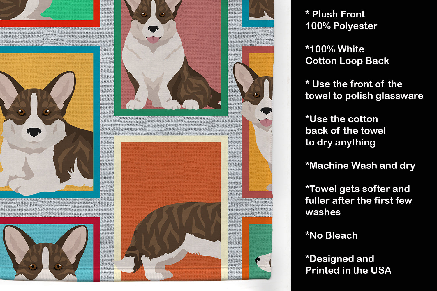 Lots of Brindle Cardigan Corgi Kitchen Towel Velour Plush Front and Cotton Loop Back Machine Washable
