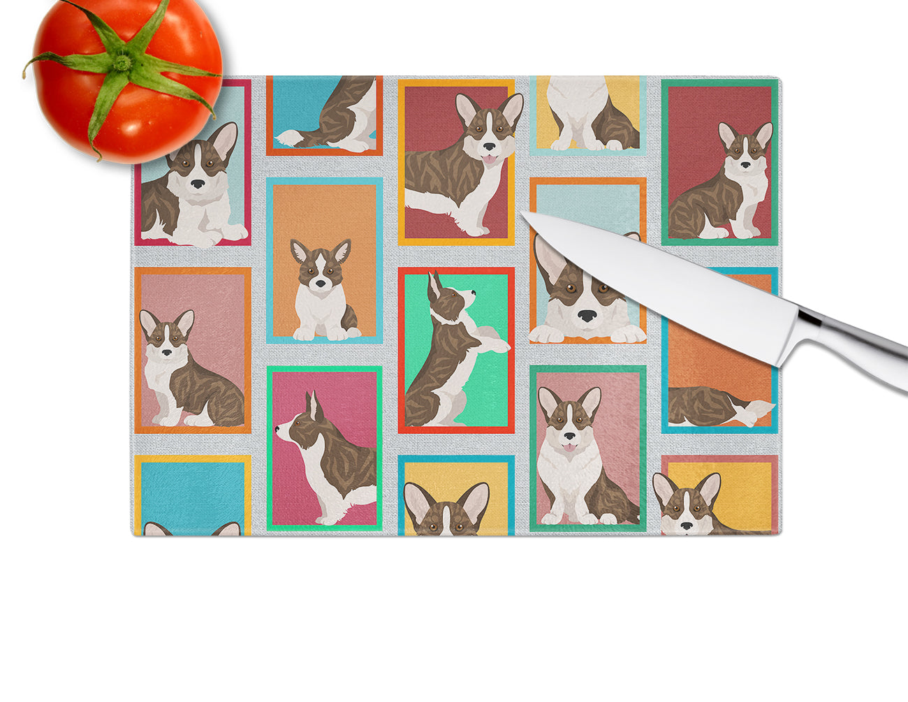 Lots of Brindle Cardigan Corgi Cutting Board Tempered Glass Kitchen Cutting Surface, Heat Resistant Chopping, Non-Slip Feet, Food Prep & Serving