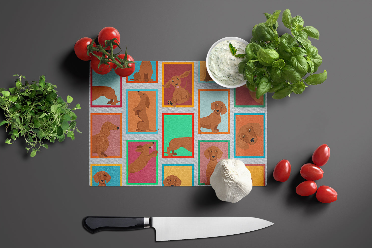 Lots of Red Dachshund Cutting Board Tempered Glass Kitchen Cutting Surface, Heat Resistant Chopping, Non-Slip Feet, Food Prep & Serving
