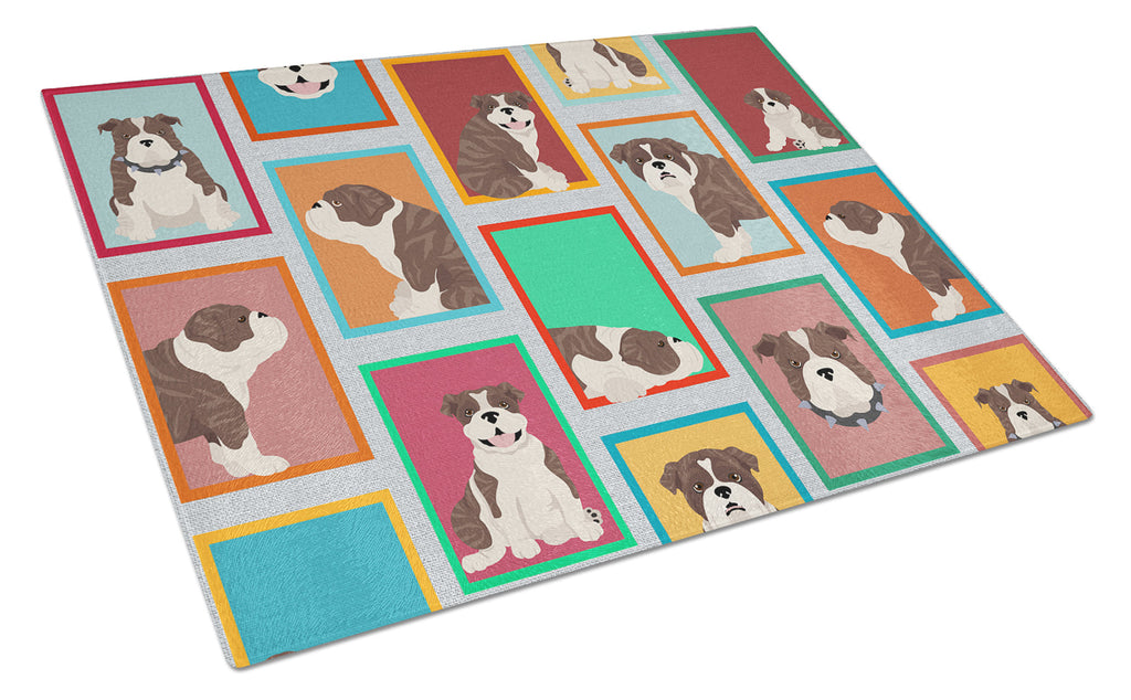 Lots of Brindle English Bulldog Cutting Board Tempered Glass Kitchen Cutting Surface, Heat Resistant Chopping, Non-Slip Feet, Food Prep & Serving