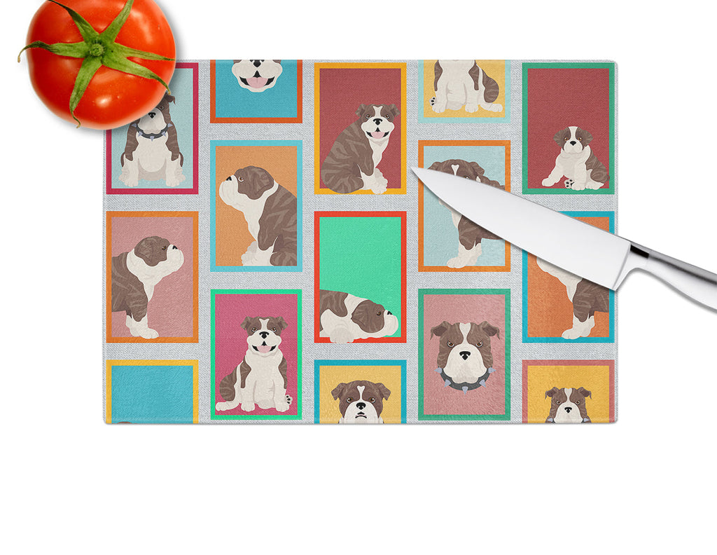 Lots of Brindle English Bulldog Cutting Board Tempered Glass Kitchen Cutting Surface, Heat Resistant Chopping, Non-Slip Feet, Food Prep & Serving