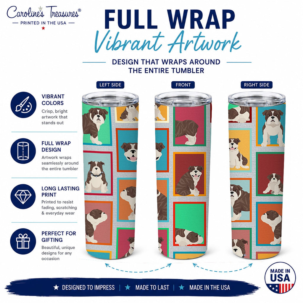 Lots of Brindle English Bulldog Stainless Steel Skinny Tumbler 20 oz Vacuum Double Walled Reusable Insulated Travel Cup