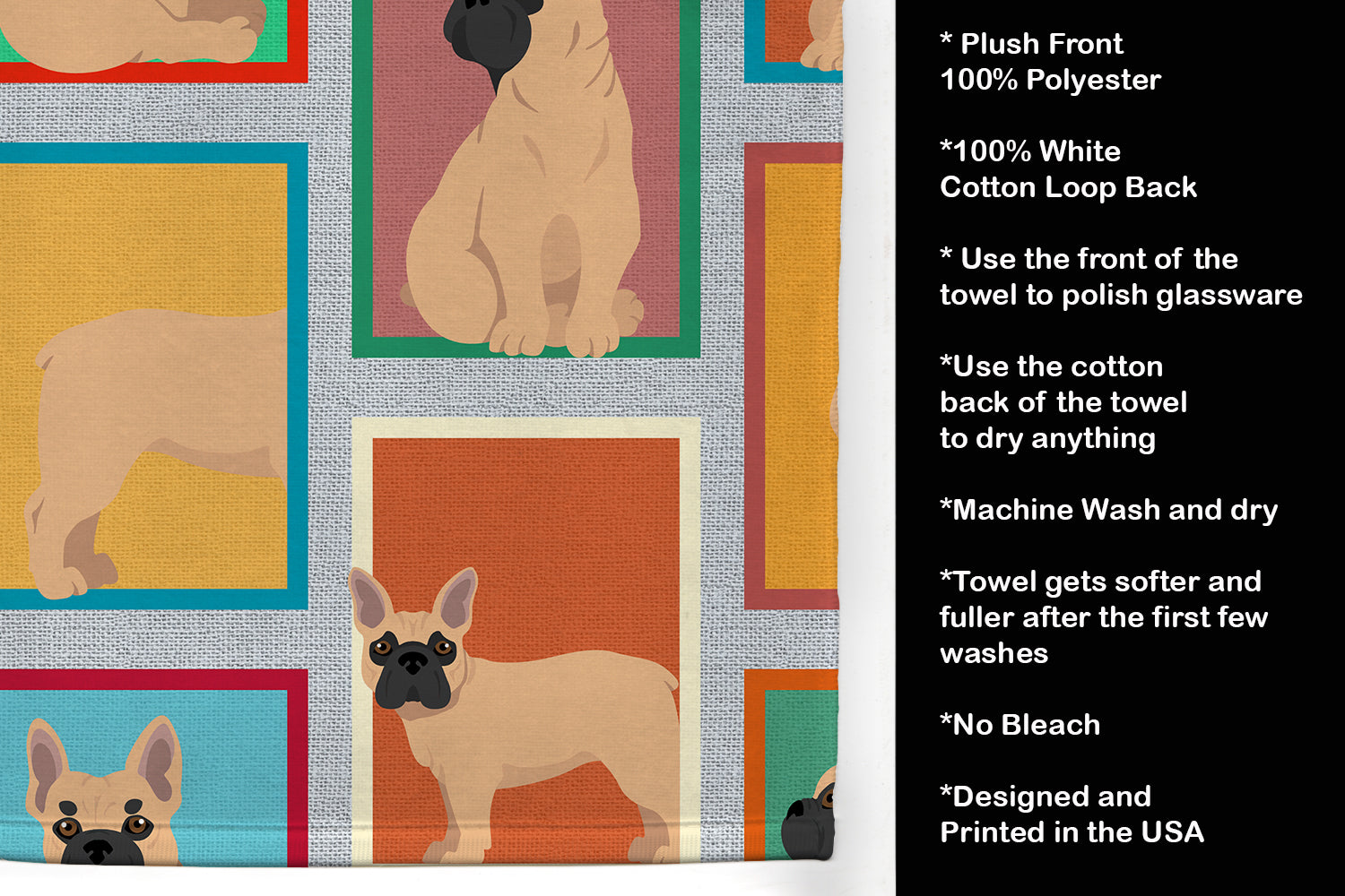 Lots of Fawn French Bulldog Kitchen Towel Velour Plush Front and Cotton Loop Back Machine Washable