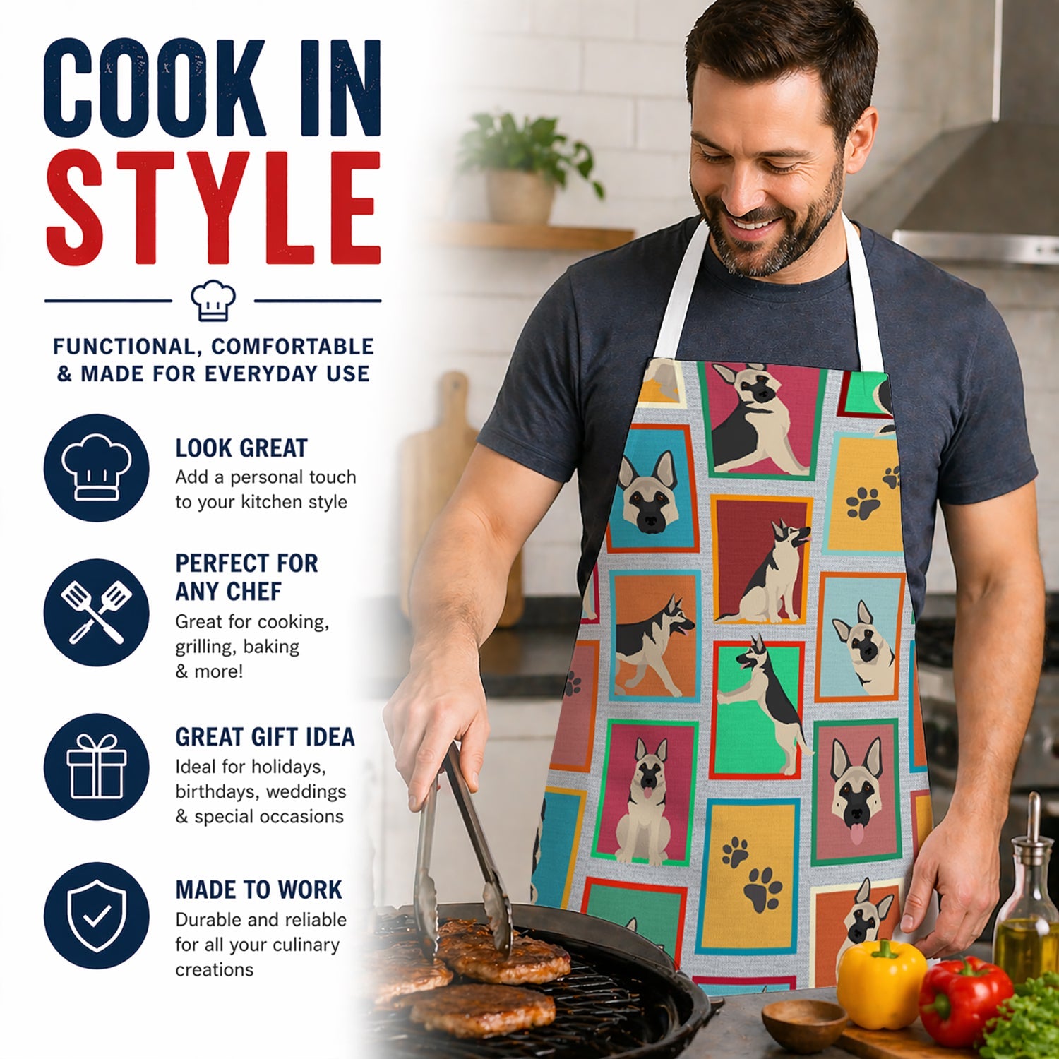 Lots of Black and Silver German Shepherd Apron Cooking Kitchen Server Baking Crafts Gardening for Adult Women Men, Unisex, Large, Multicolor