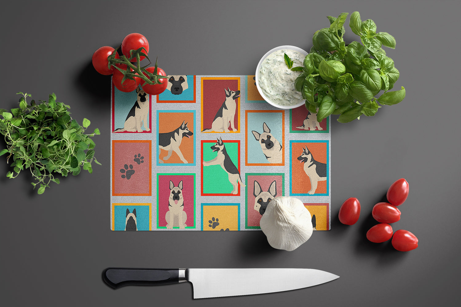 Lots of Black and Silver German Shepherd Cutting Board Tempered Glass Kitchen Cutting Surface, Heat Resistant Chopping, Non-Slip Feet, Food Prep & Serving