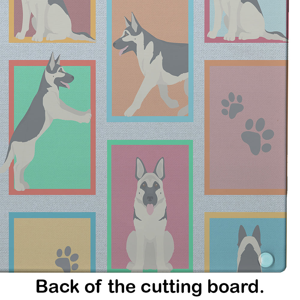 Lots of Black and Silver German Shepherd Cutting Board Tempered Glass Kitchen Cutting Surface, Heat Resistant Chopping, Non-Slip Feet, Food Prep & Serving