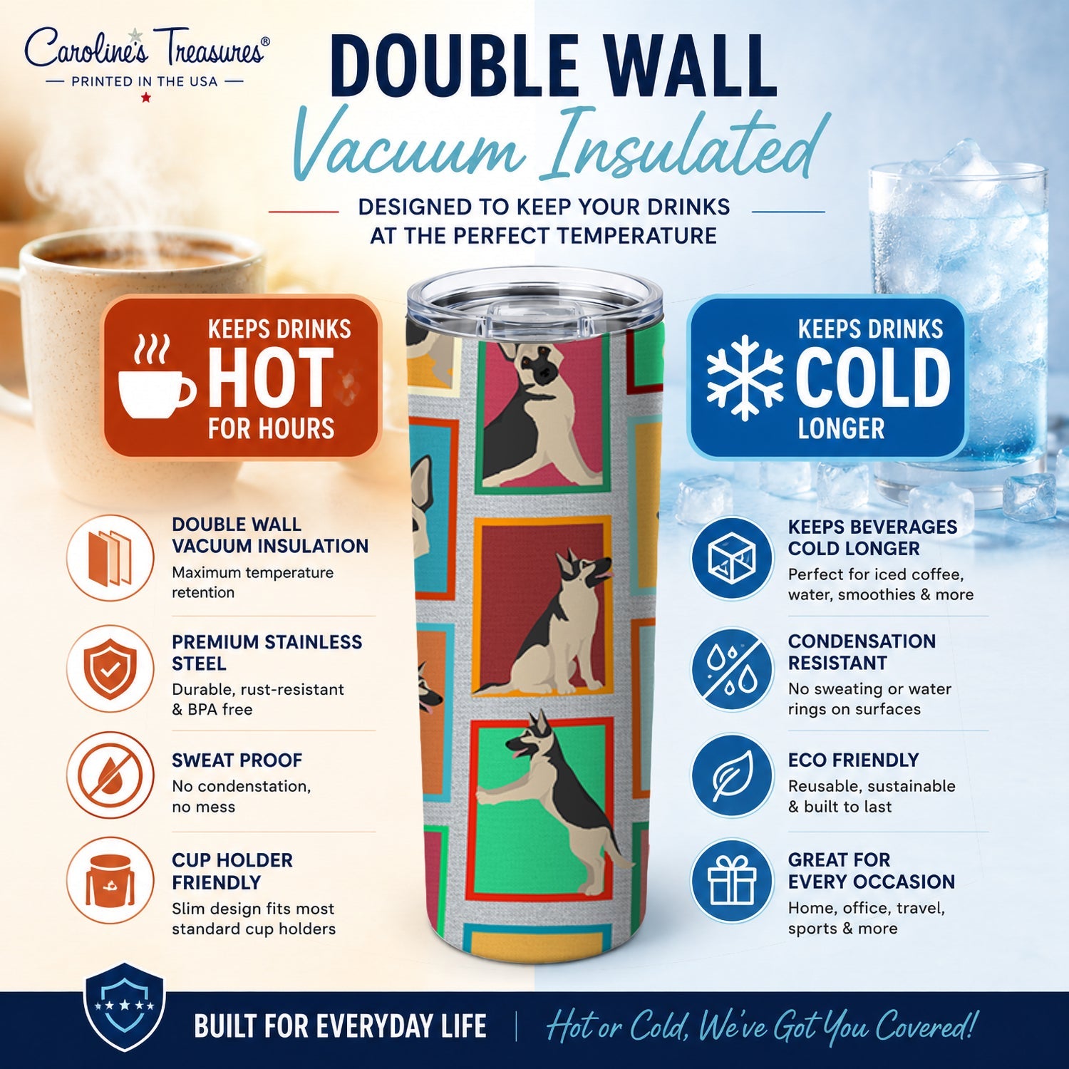 Lots of Black and Silver German Shepherd Stainless Steel Skinny Tumbler 20 oz Vacuum Double Walled Reusable Insulated Travel Cup