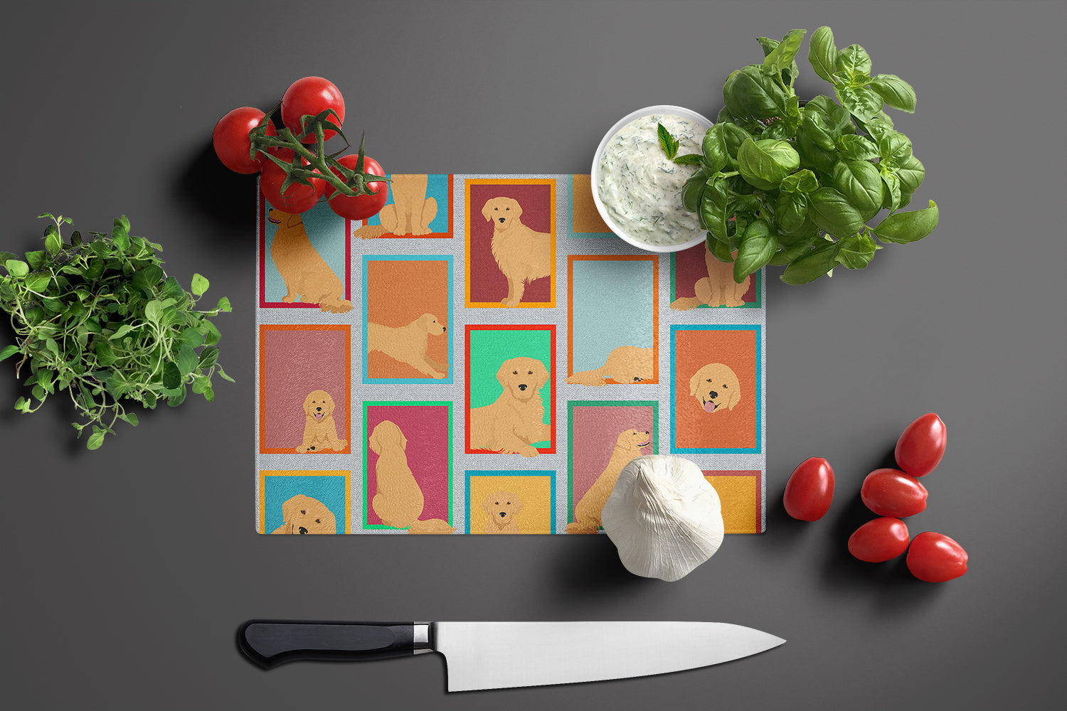 Lots of Golden Retriever Cutting Board Tempered Glass Kitchen Cutting Surface, Heat Resistant Chopping, Non-Slip Feet, Food Prep & Serving