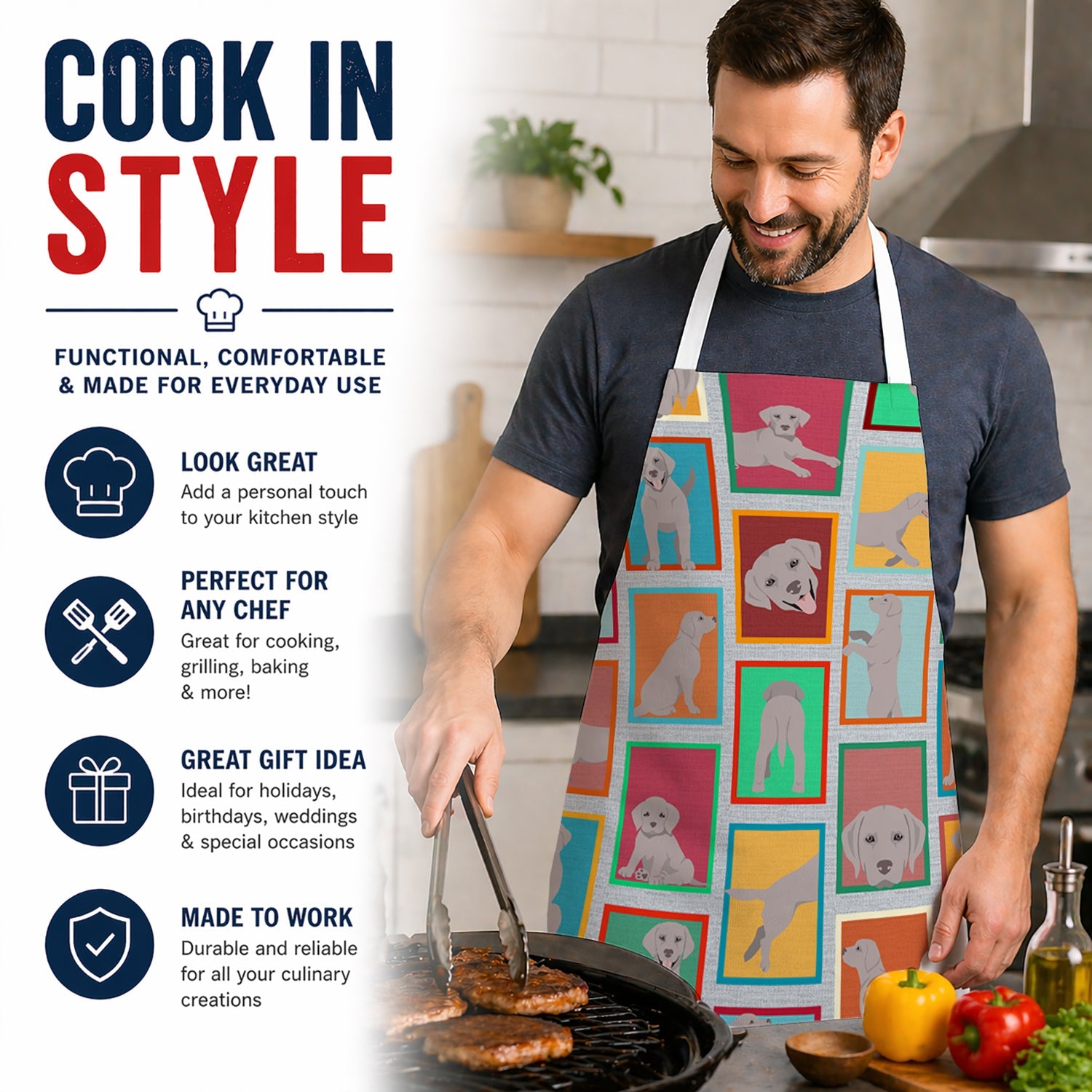 Lots of Grey Labrador Retriever Apron Cooking Kitchen Server Baking Crafts Gardening for Adult Women Men, Unisex, Large, Multicolor