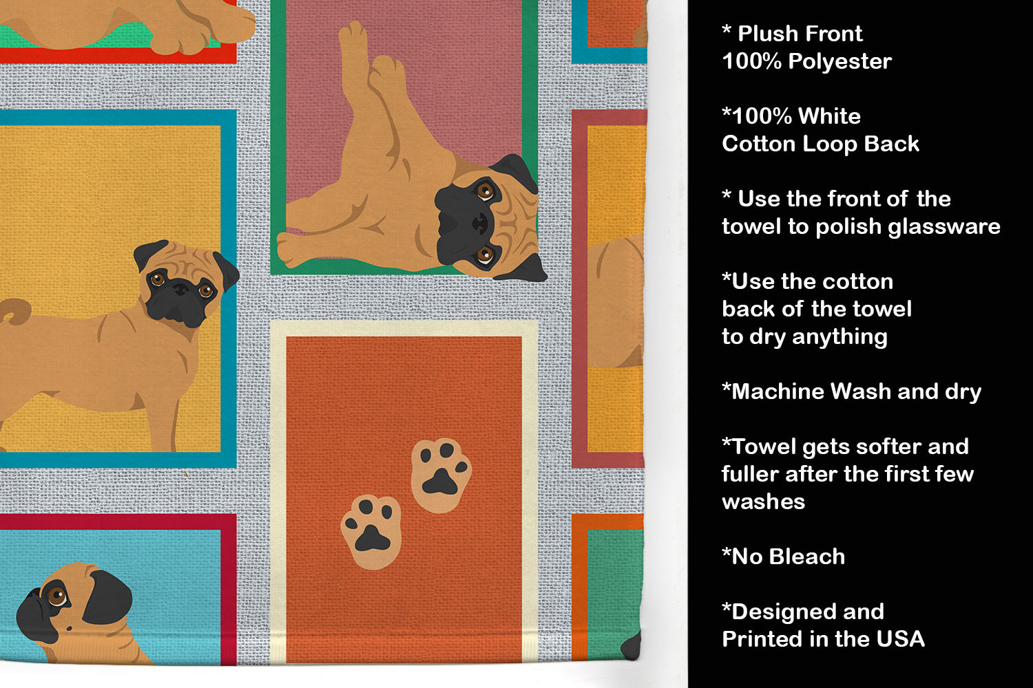 Lots of Apricot Pug Kitchen Towel Velour Plush Front and Cotton Loop Back Machine Washable