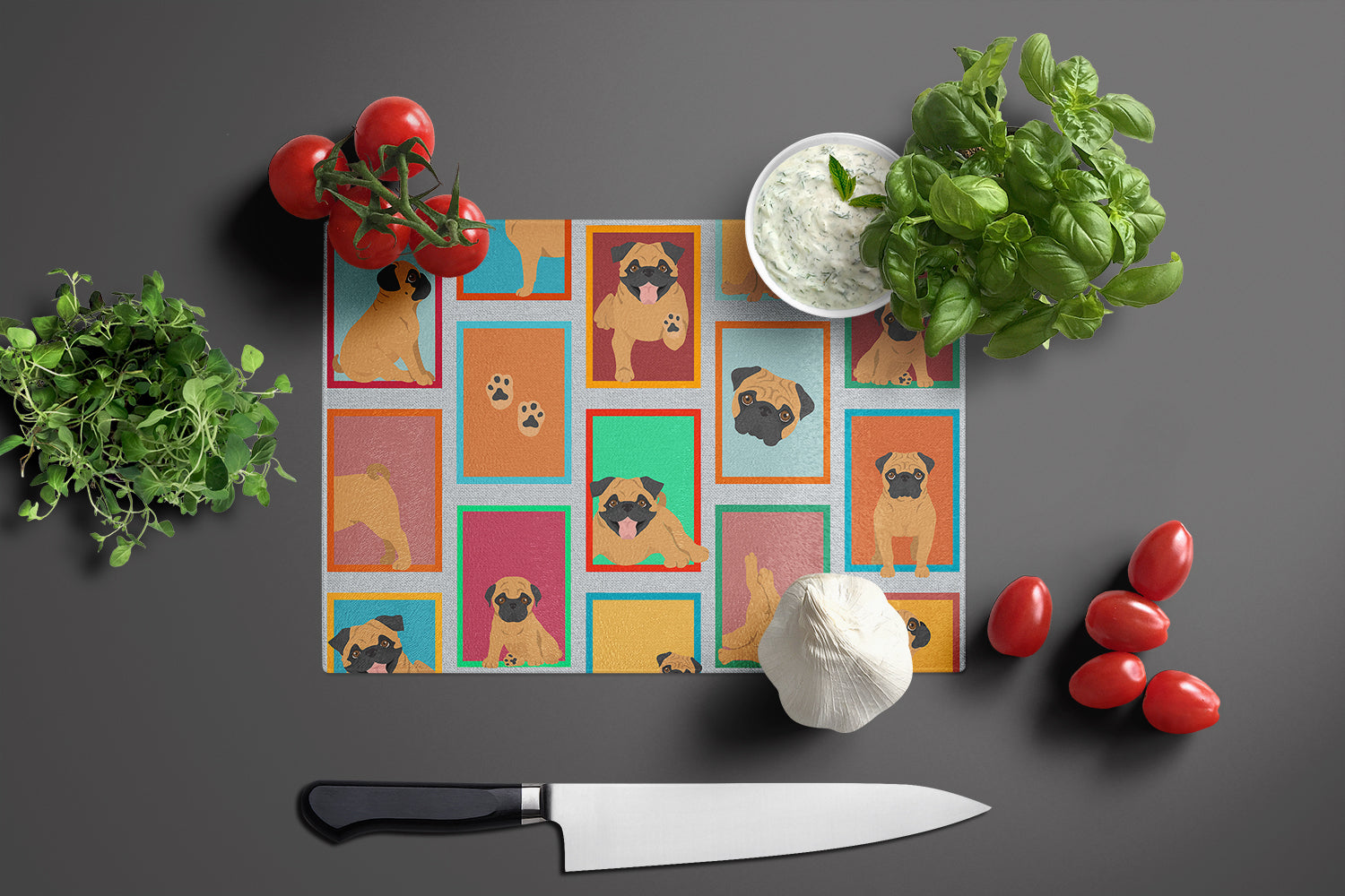 Lots of Apricot Pug Cutting Board Tempered Glass Kitchen Cutting Surface, Heat Resistant Chopping, Non-Slip Feet, Food Prep & Serving