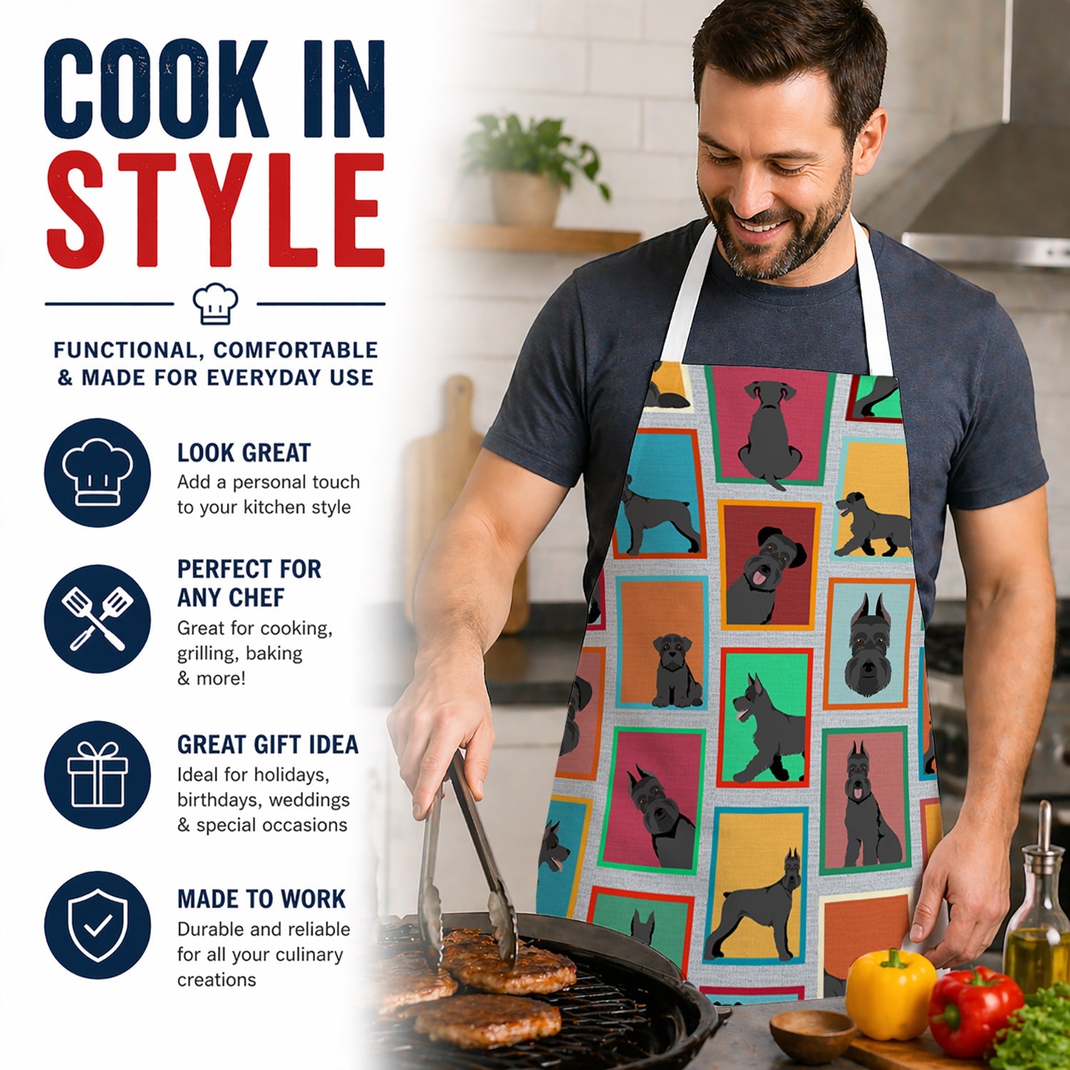 Lots of Black Schnauzer Apron Cooking Kitchen Server Baking Crafts Gardening for Adult Women Men, Unisex, Large, Multicolor