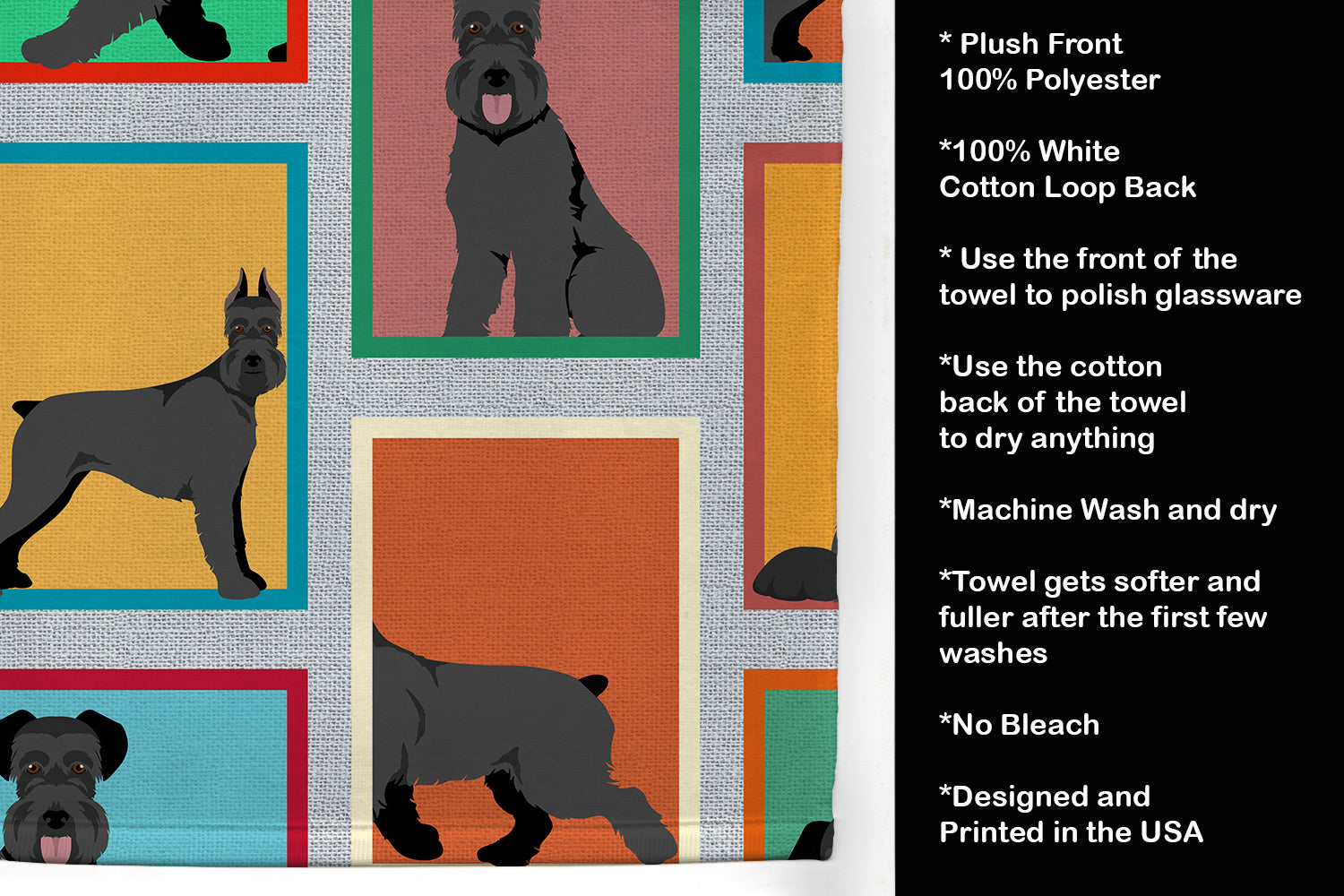 Lots of Black Schnauzer Kitchen Towel Velour Plush Front and Cotton Loop Back Machine Washable