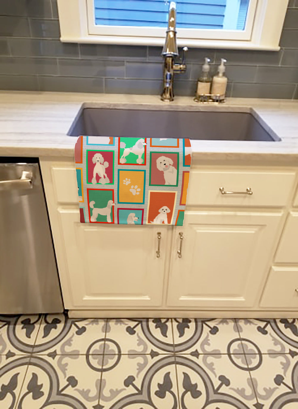 Lots of White Standard Poodle Kitchen Towel Velour Plush Front and Cotton Loop Back Machine Washable