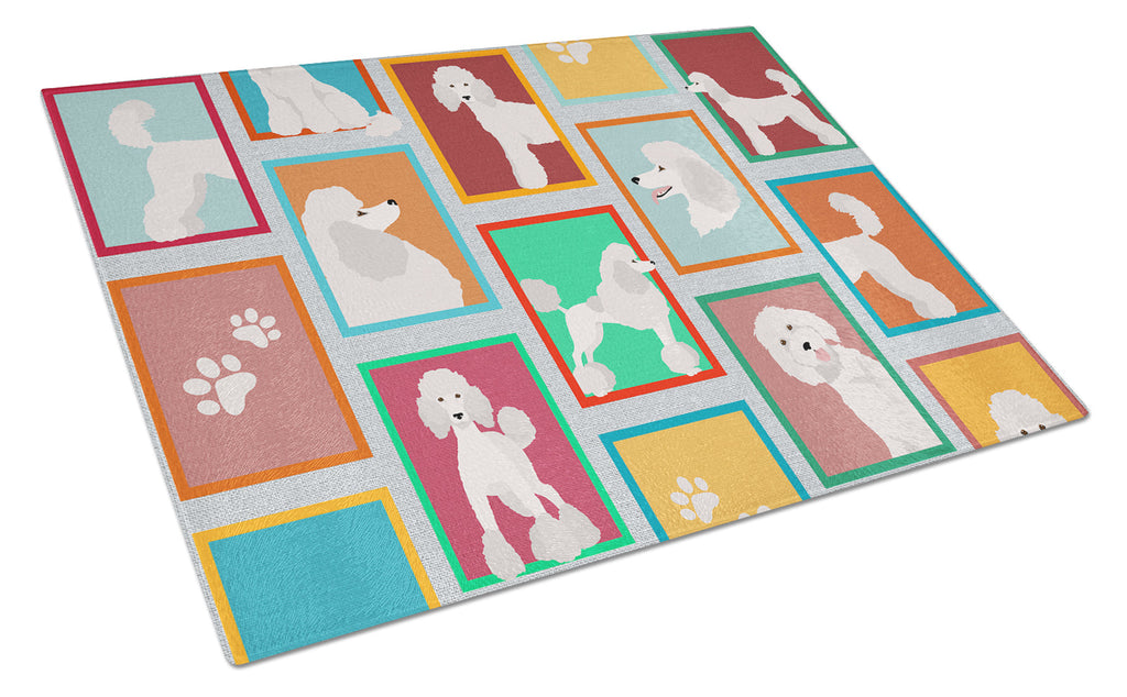 Lots of White Standard Poodle Cutting Board Tempered Glass Kitchen Cutting Surface, Heat Resistant Chopping, Non-Slip Feet, Food Prep & Serving