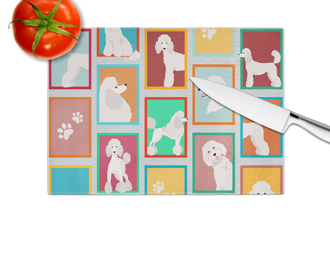 Lots of White Standard Poodle Cutting Board Tempered Glass Kitchen Cutting Surface, Heat Resistant Chopping, Non-Slip Feet, Food Prep & Serving