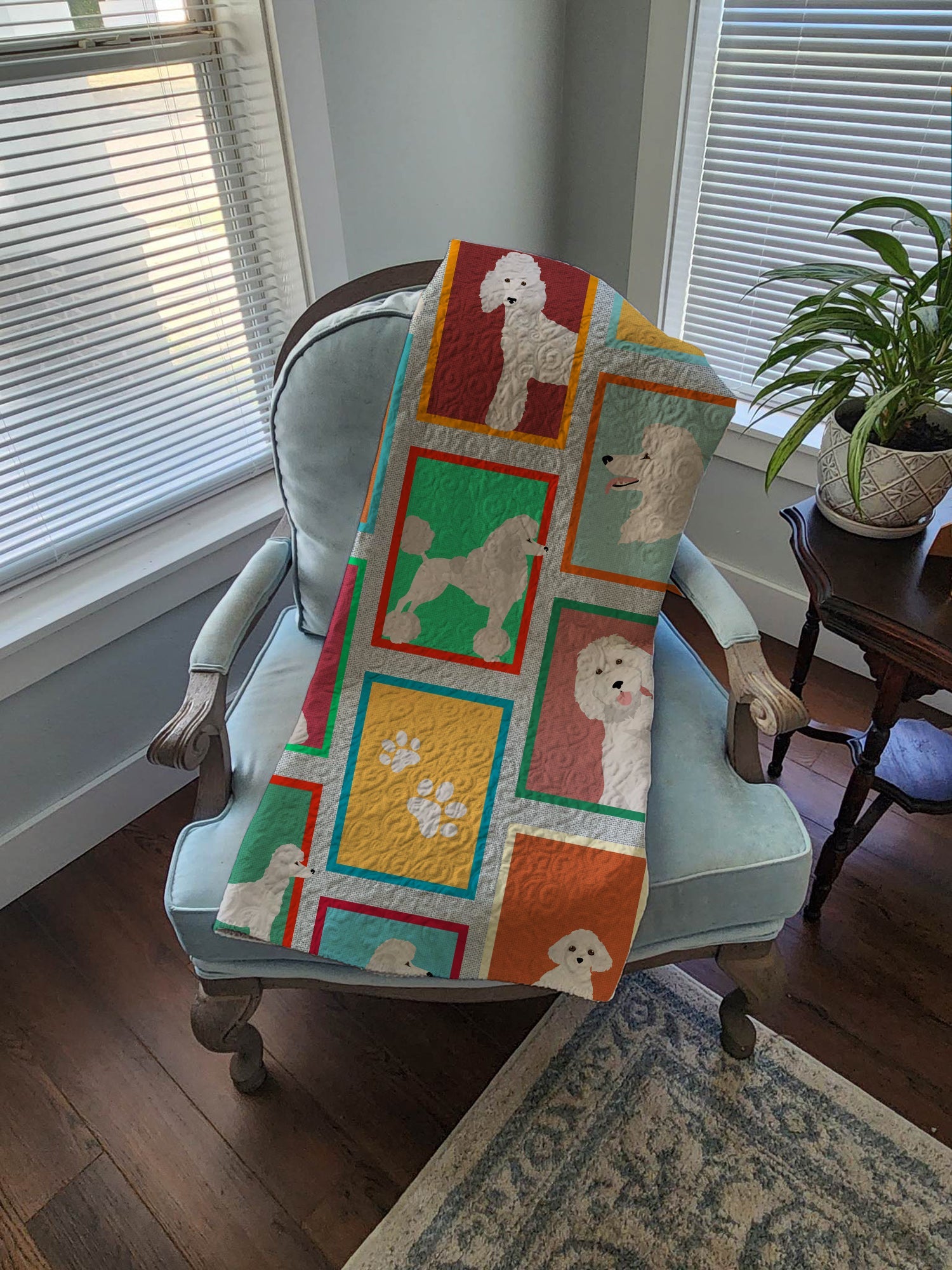 Lots of White Standard Poodle Quilted Blanket 50x60 Artwork Pattern Quilted Throw Blanket for Bed, Couch, Sofa, Soft and Lightweight