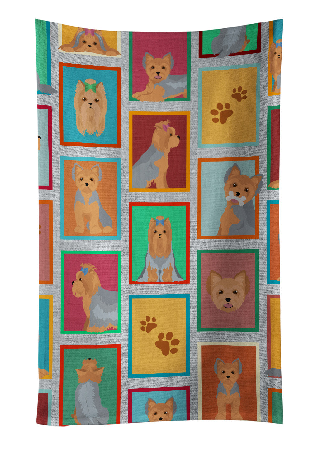 Lots of Blue and Tan Yorkie Kitchen Towel Velour Plush Front and Cotton Loop Back Machine Washable