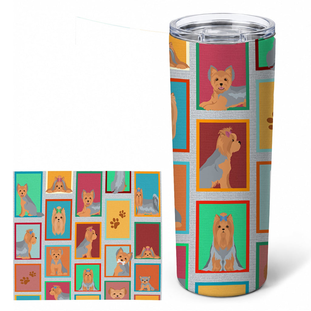 Lots of Blue and Tan Yorkie Stainless Steel Skinny Tumbler 20 oz Vacuum Double Walled Reusable Insulated Travel Cup