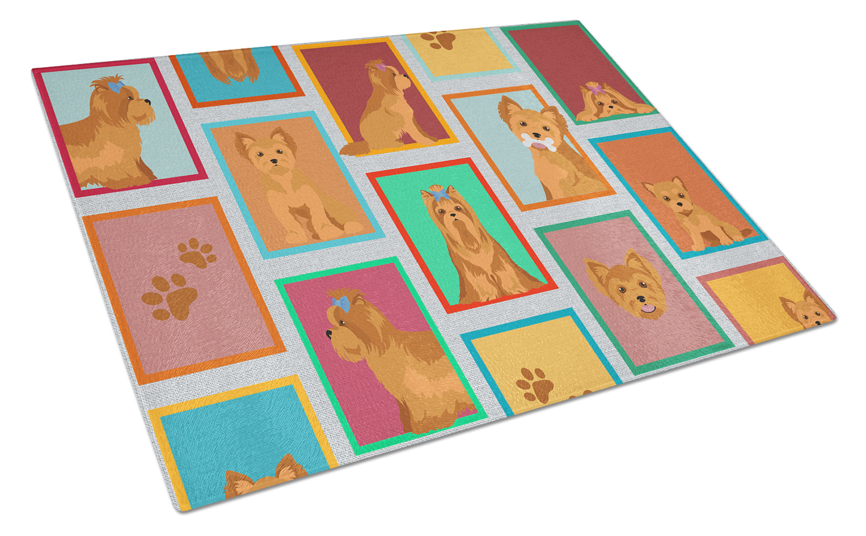 Lots of Red Yorkie Cutting Board Tempered Glass Kitchen Cutting Surface, Heat Resistant Chopping, Non-Slip Feet, Food Prep & Serving