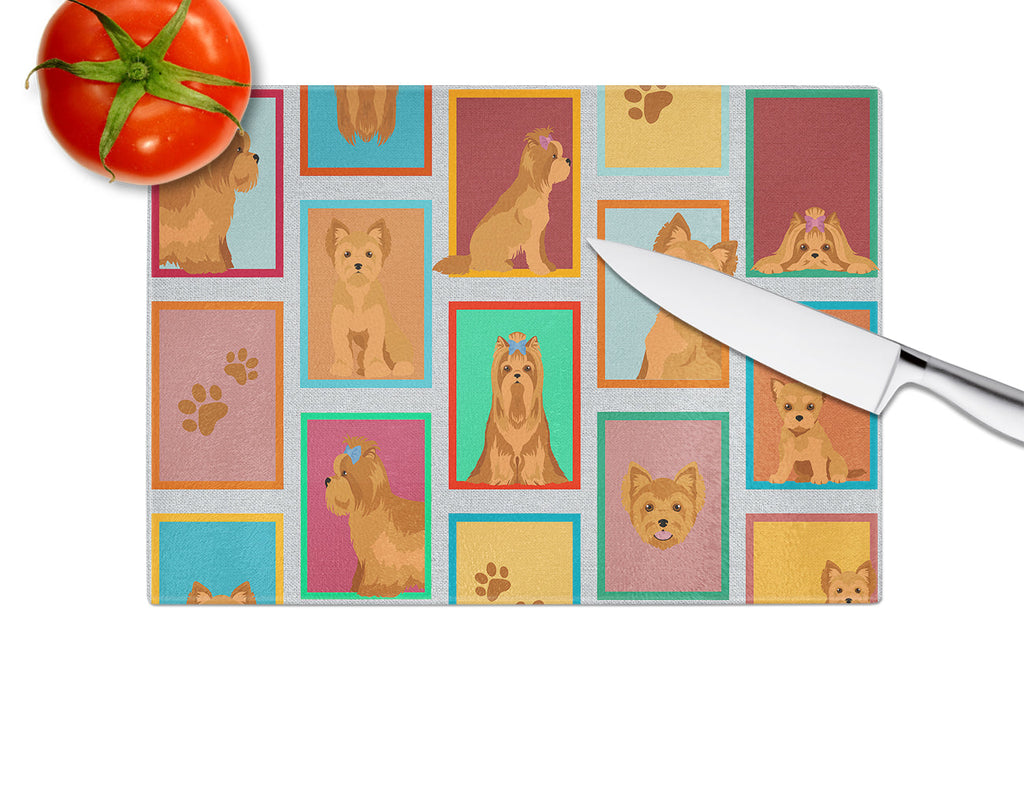 Lots of Red Yorkie Cutting Board Tempered Glass Kitchen Cutting Surface, Heat Resistant Chopping, Non-Slip Feet, Food Prep & Serving