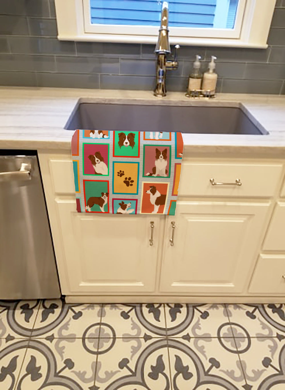 Lots of Red Border Collie Kitchen Towel Velour Plush Front and Cotton Loop Back Machine Washable