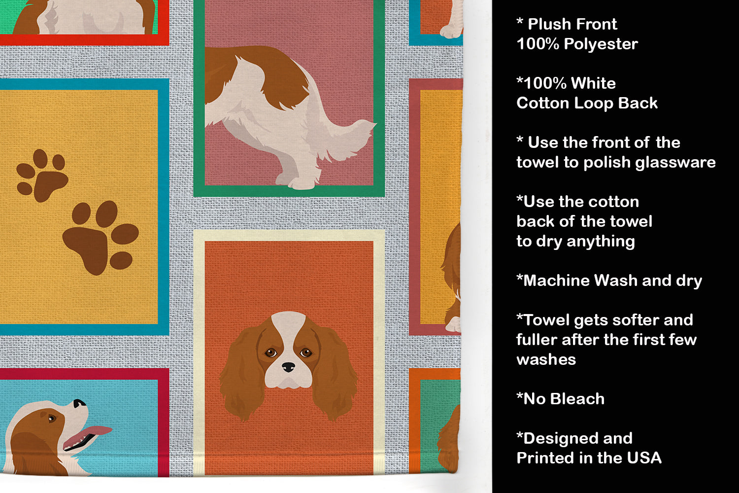 Lots of Blenheim Cavalier Spaniel Kitchen Towel Velour Plush Front and Cotton Loop Back Machine Washable