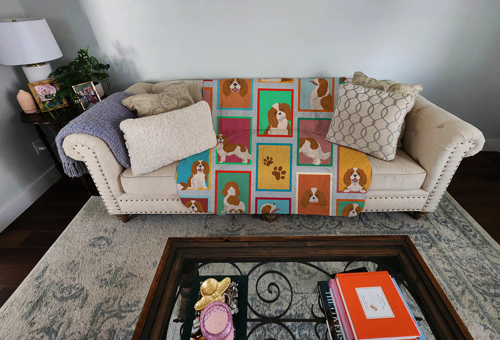 Lots of Blenheim Cavalier Spaniel Quilted Blanket 50x60 Artwork Pattern Quilted Throw Blanket for Bed, Couch, Sofa, Soft and Lightweight