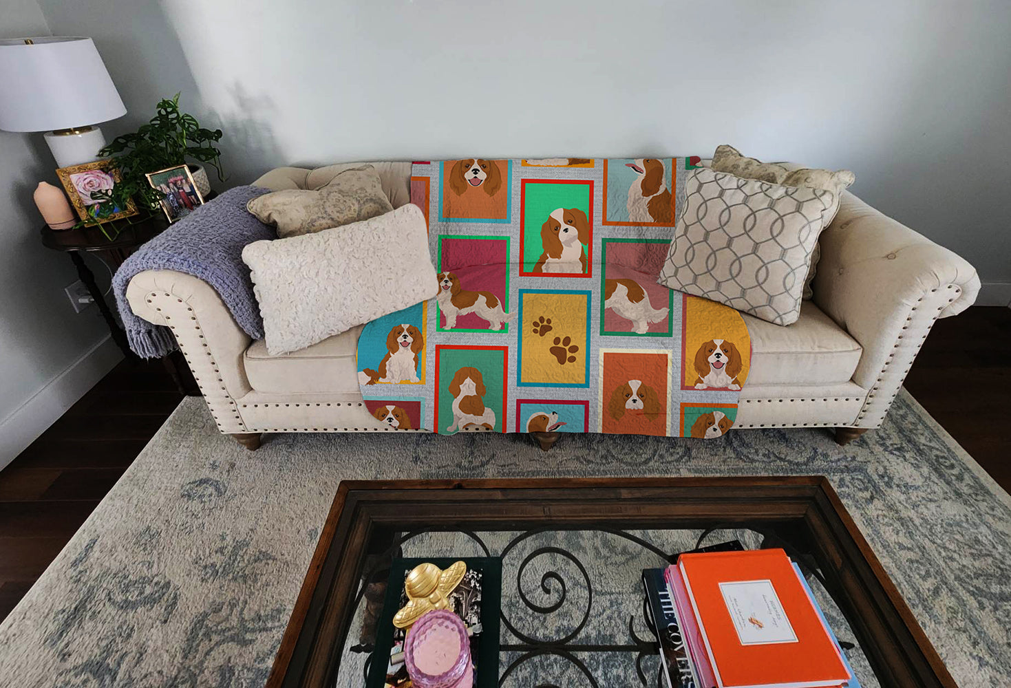 Lots of Blenheim Cavalier Spaniel Quilted Blanket 50x60 Artwork Pattern Quilted Throw Blanket for Bed, Couch, Sofa, Soft and Lightweight
