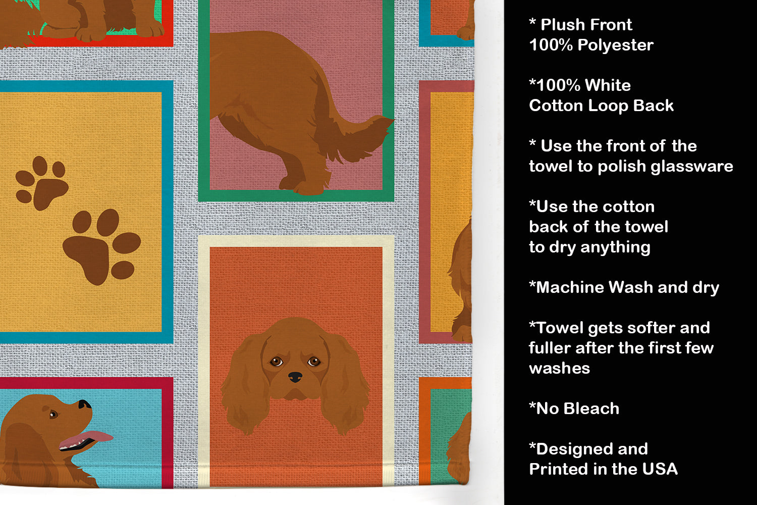 Lots of Ruby Cavalier Spaniel Kitchen Towel Velour Plush Front and Cotton Loop Back Machine Washable